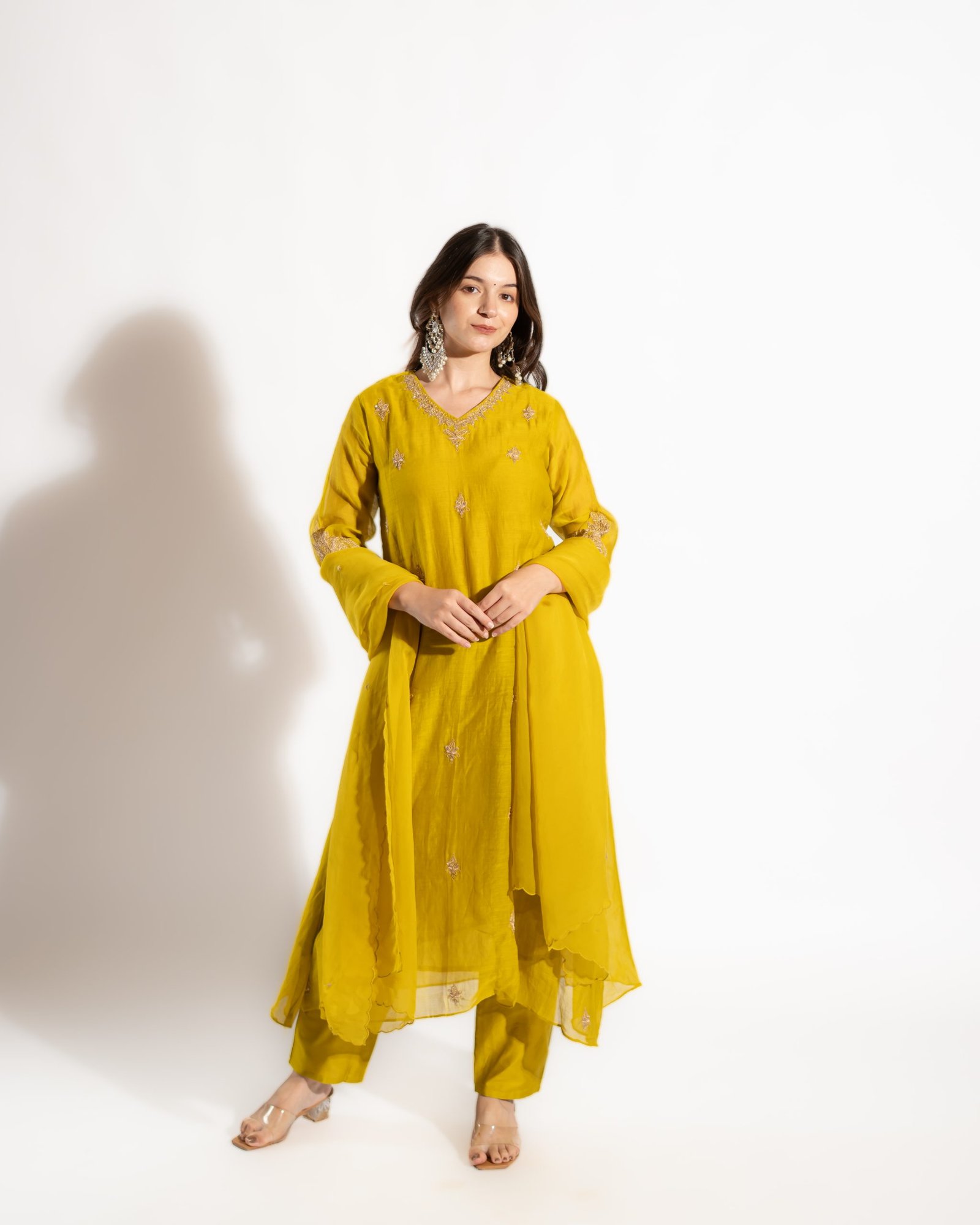 Mustard Yellow Handworked A-Line Kurti 3-Piece Set
