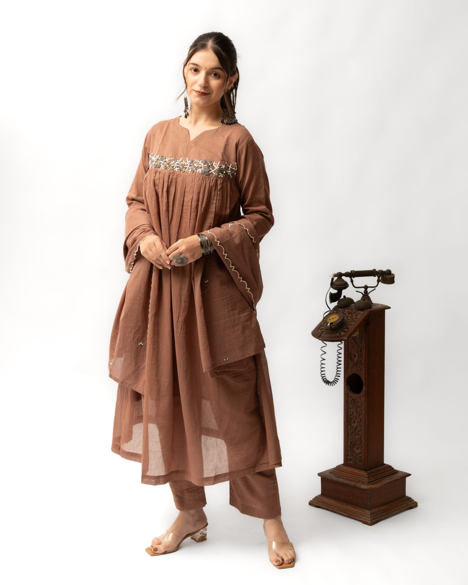 Brown Multicolour Katha Handworked 3-Piece Set