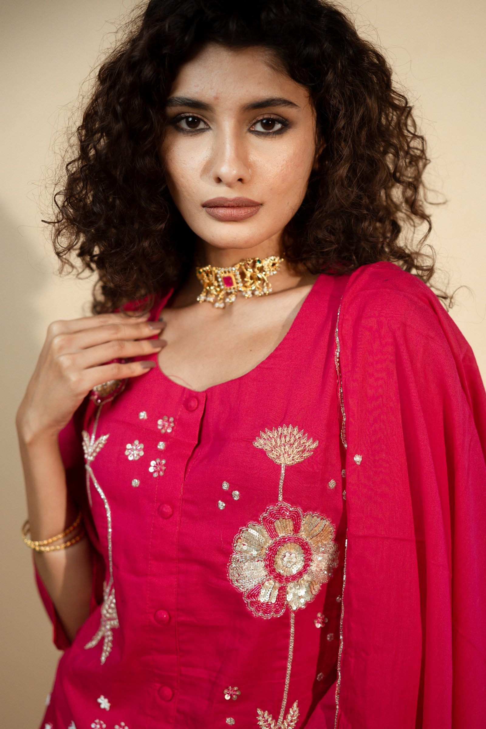 Pink Handworked Partywear Suit with Dupatta & Palazzo