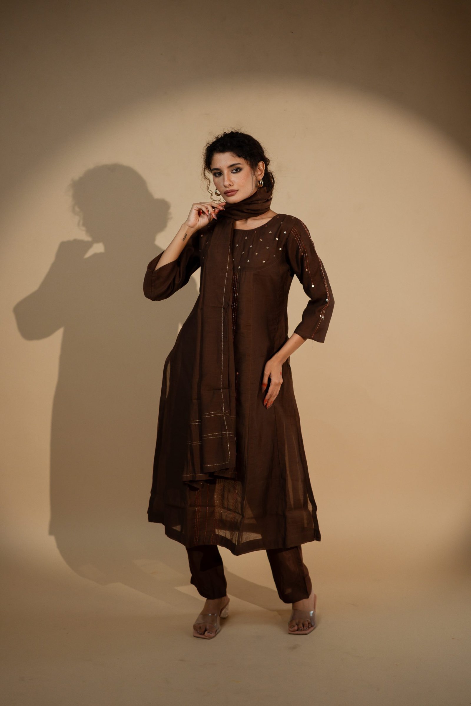 Coffee Pitta Embroidered Suit with Dupatta